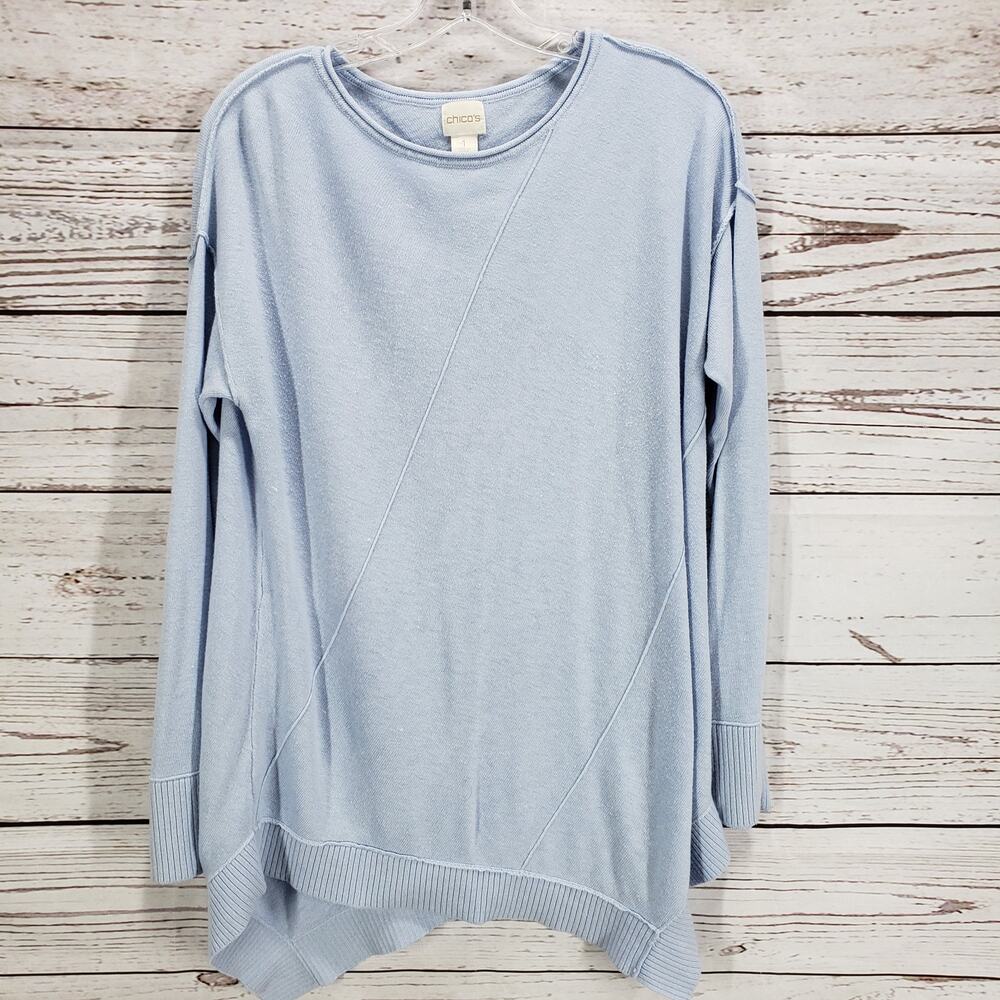 Chico's Women's Blue Knit Rayon Cashmere Blend Asymmetrical Sweater Top Size 1